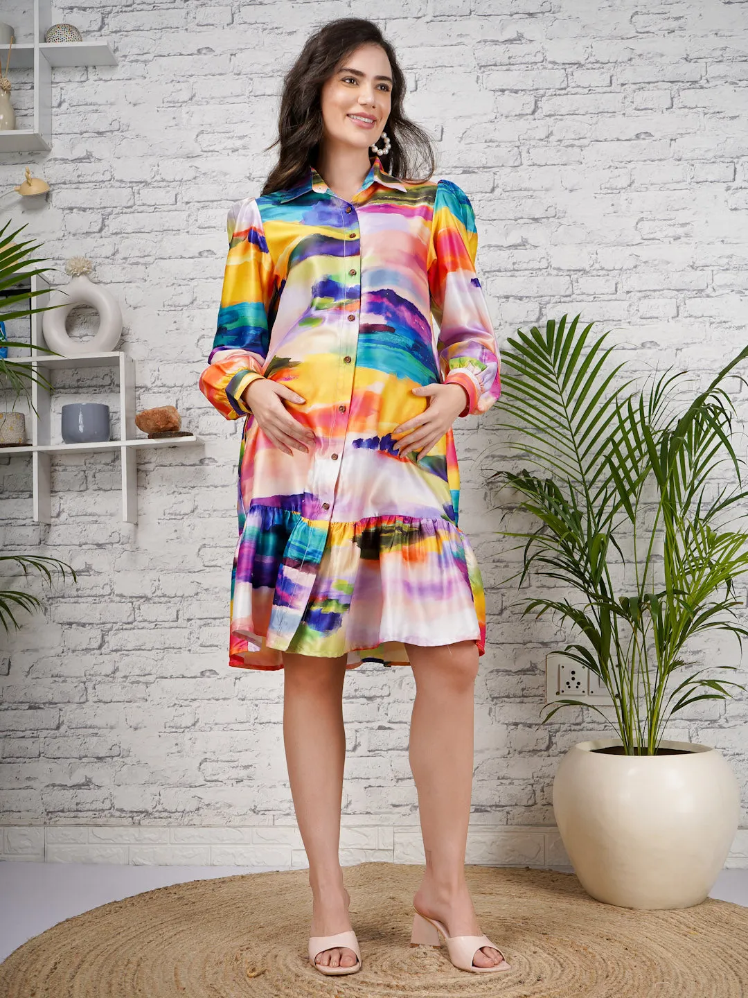 RICHA - YELLOW TROPICAL PRINT A- LINE MATERNITY DRESS