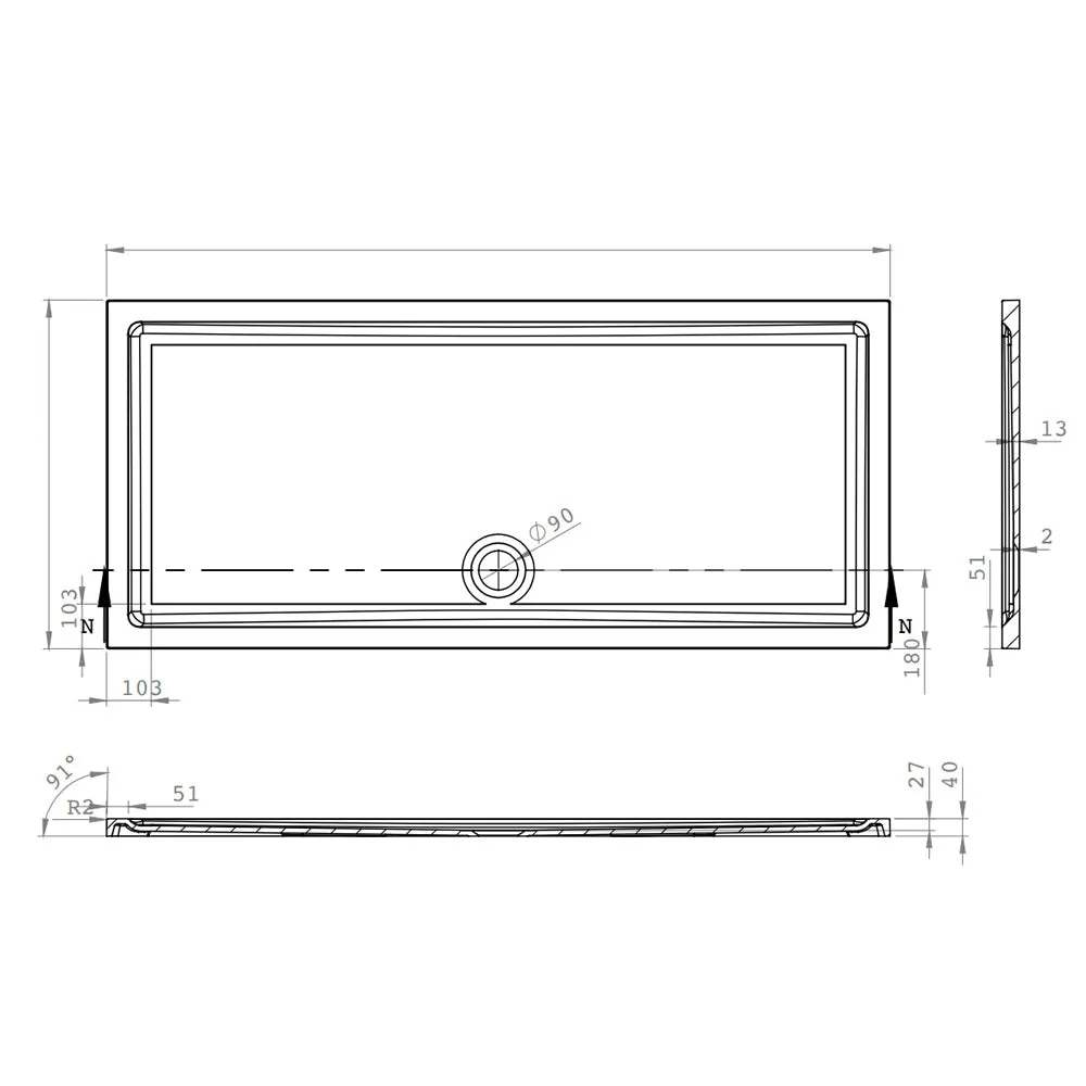 Roman Stone Solid Surface Anti Slip Shower Tray - 1600 x 900 x 40mm