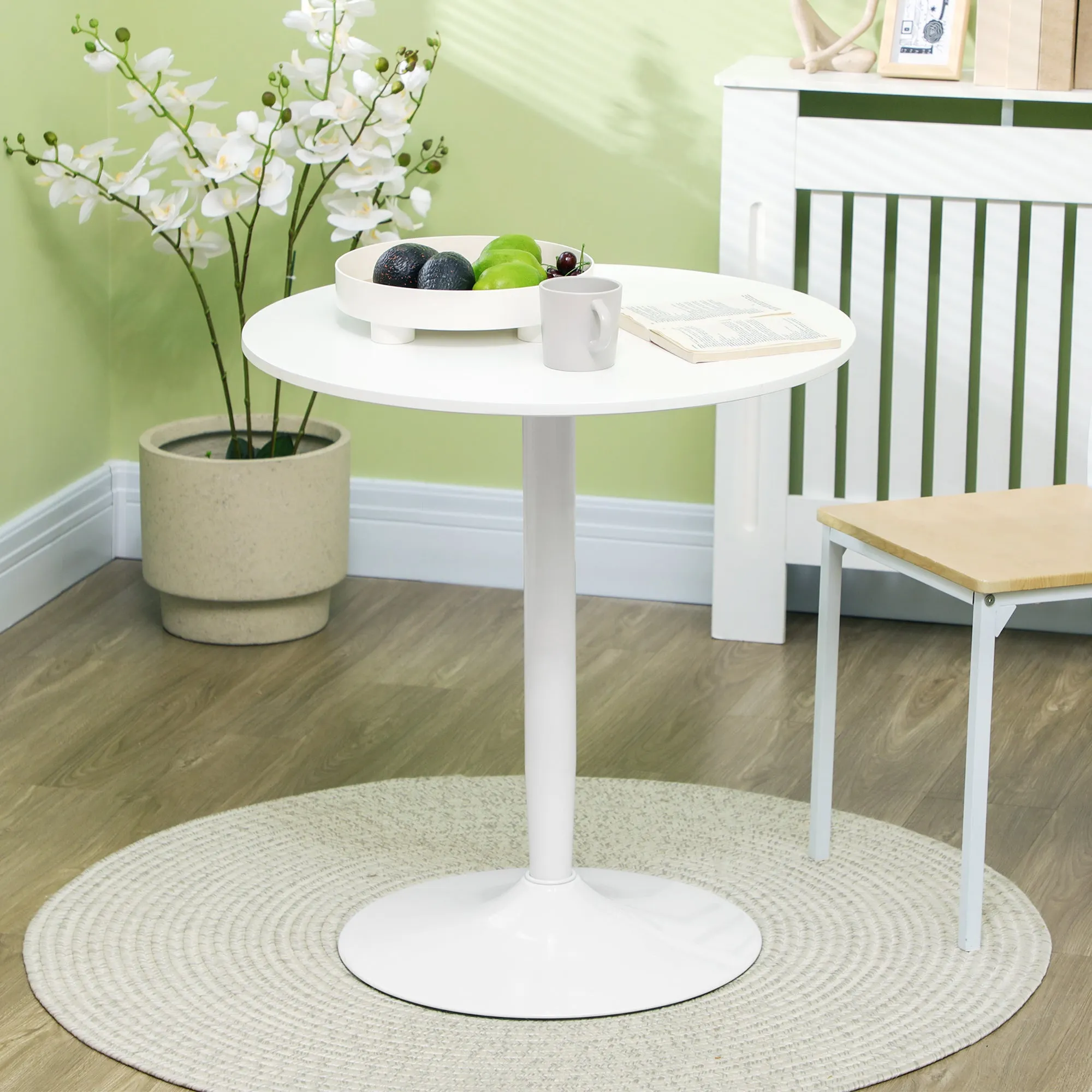 Round Dining Table, Modern Dining Room Table with Steel Base, Non-slip Foot Pad, Space Saving Small Dining Table, White