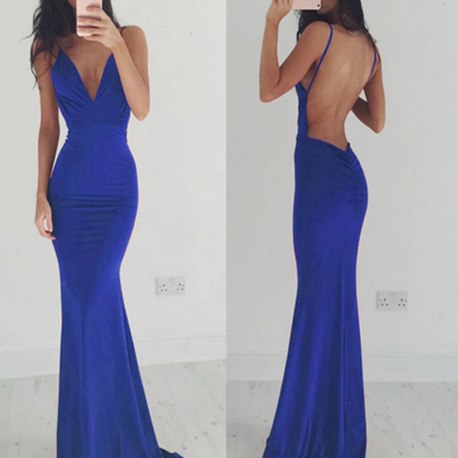 Sexy backless paghetti strap v neck mermaid maxi dress | summer wedding party bridesmaid dress