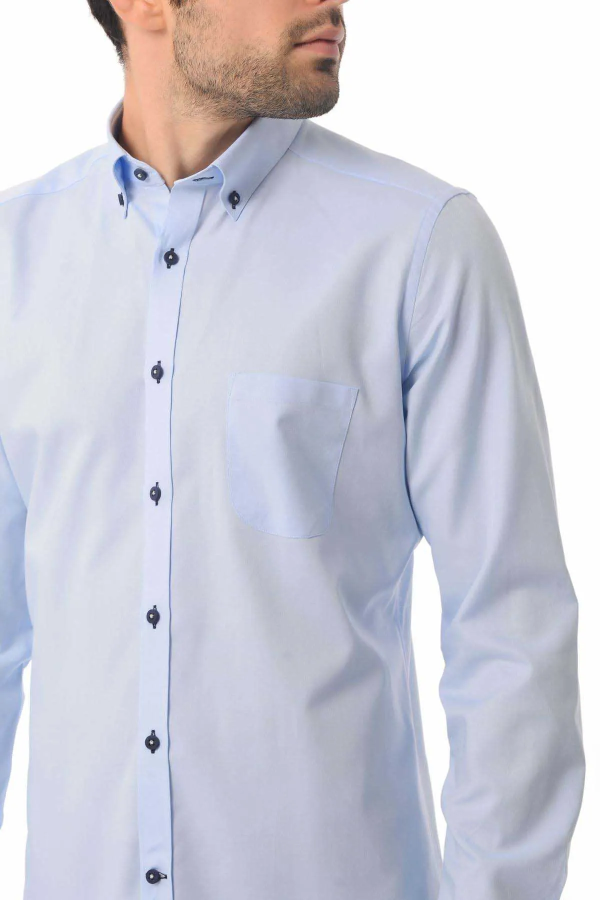 Slim Fit Long Sleeve Plain Cotton Casual Shirt, Ice Blue