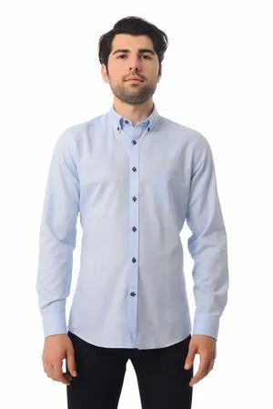 Slim Fit Long Sleeve Plain Cotton Casual Shirt, Ice Blue