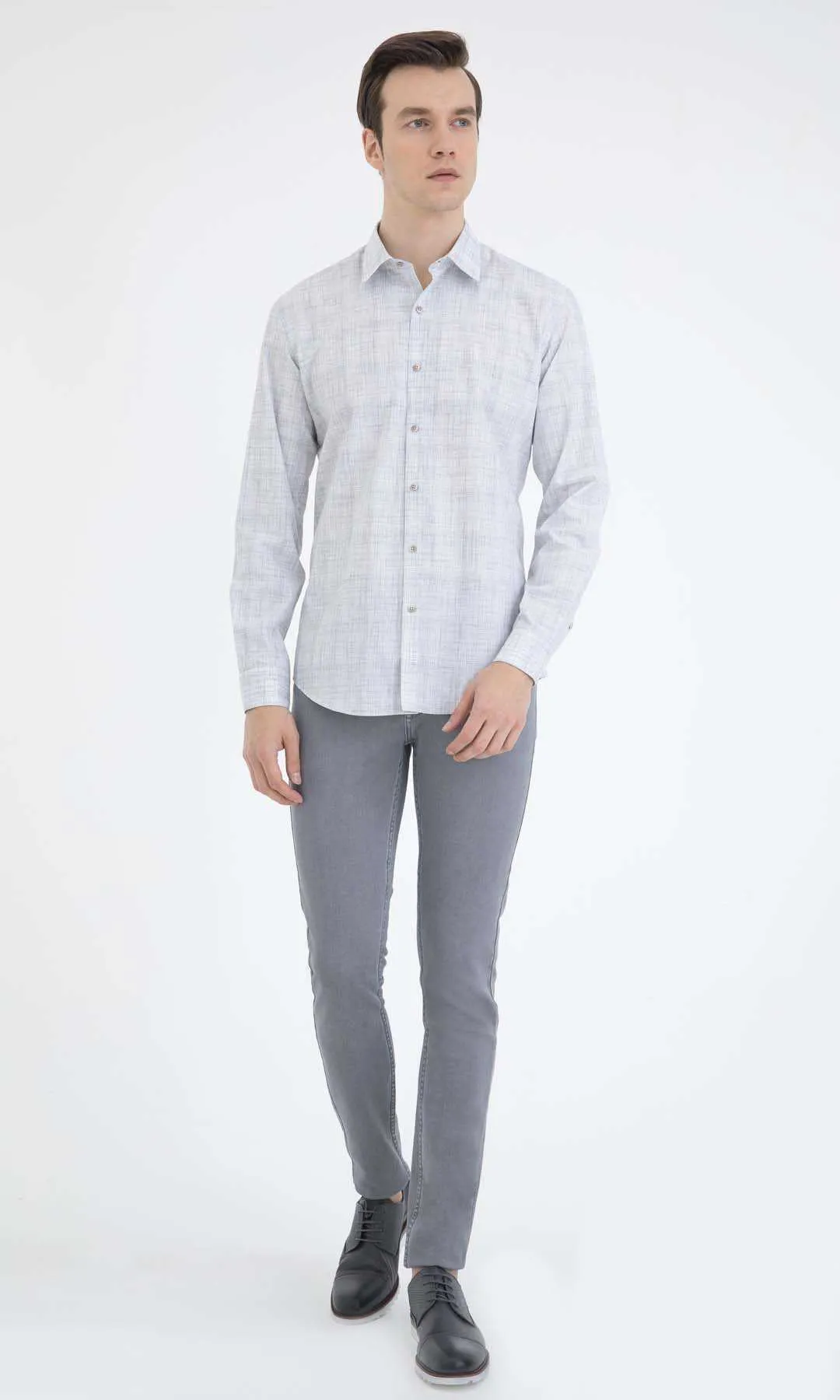 Slim Fit Patterned Cotton Casual Shirt, Light Gray.D