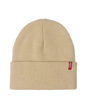 Slouchy Red Tab Beanie in Light Khaki