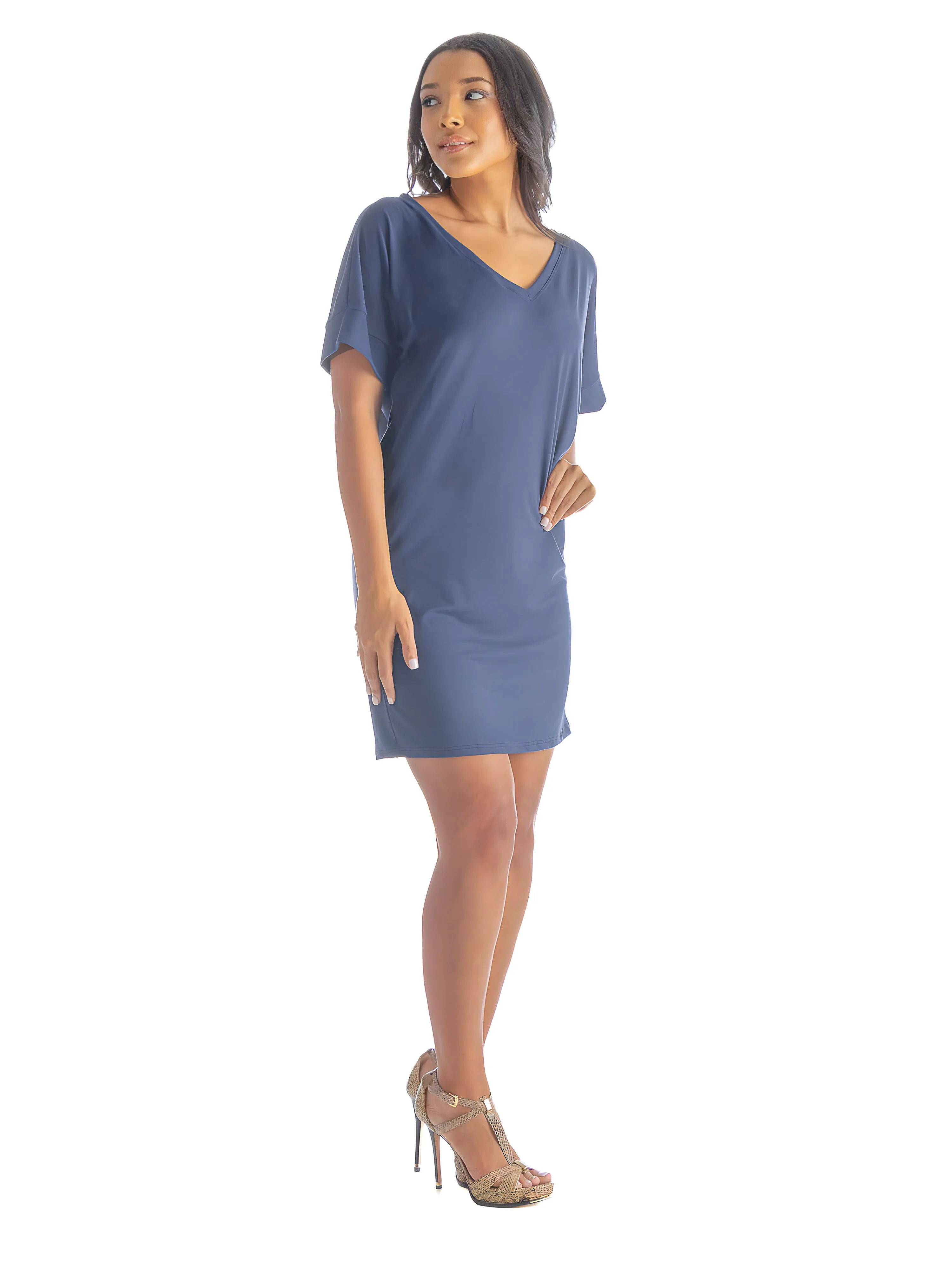 Solid Color Loose Fit V Neck T Shirt Style Womens Knee Length Dress