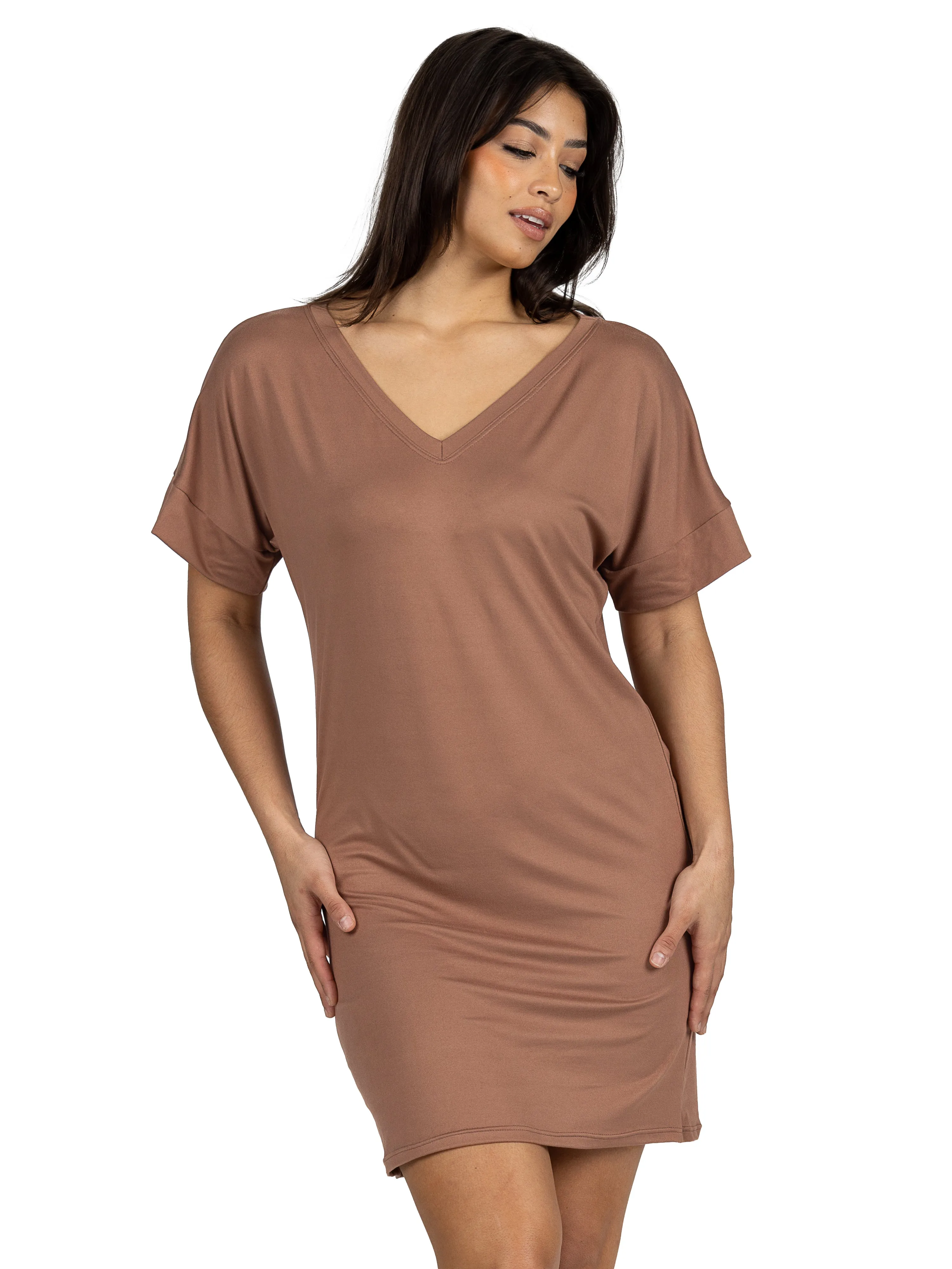 Solid Color Loose Fit V Neck T Shirt Style Womens Knee Length Dress