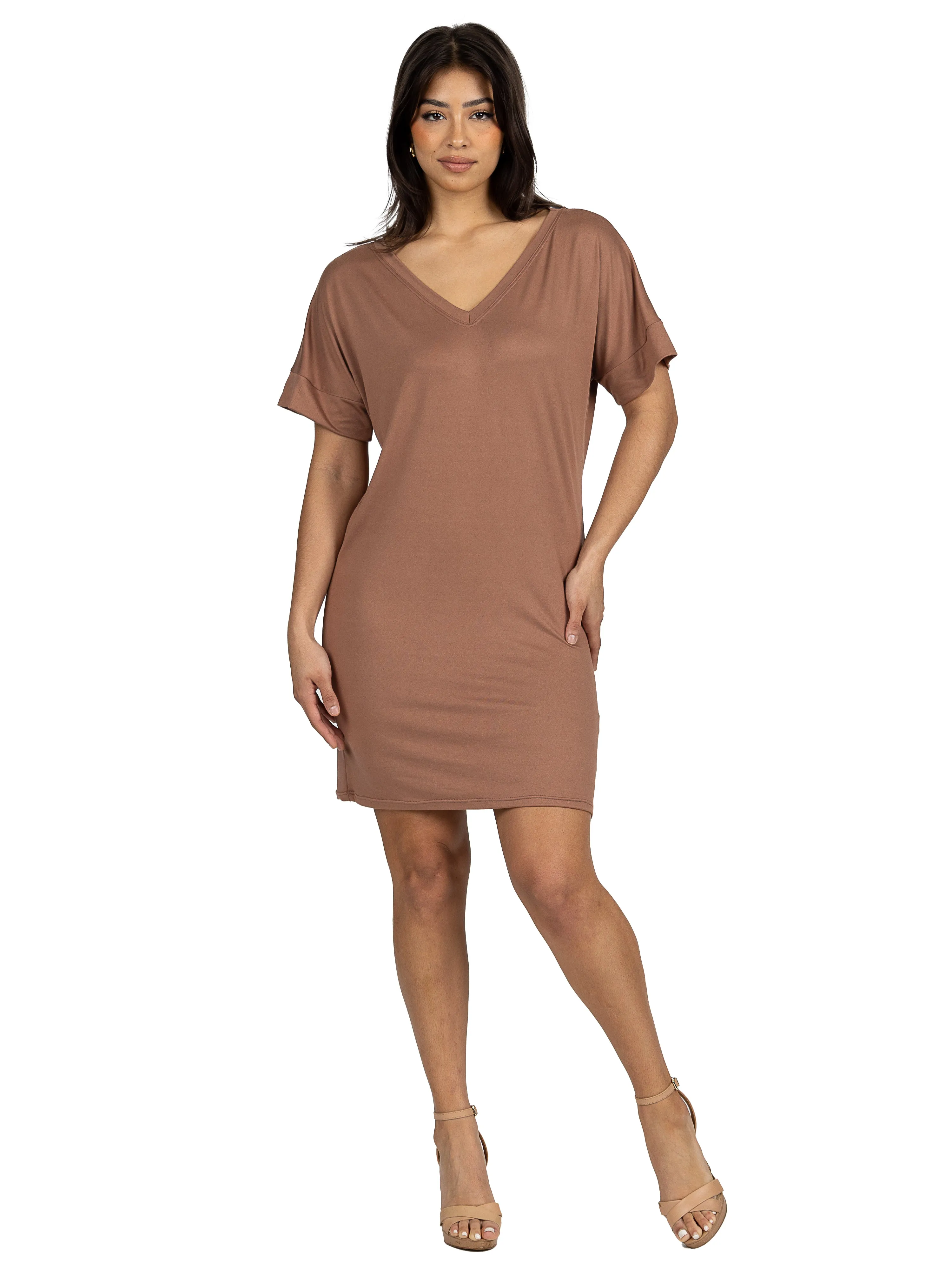 Solid Color Loose Fit V Neck T Shirt Style Womens Knee Length Dress