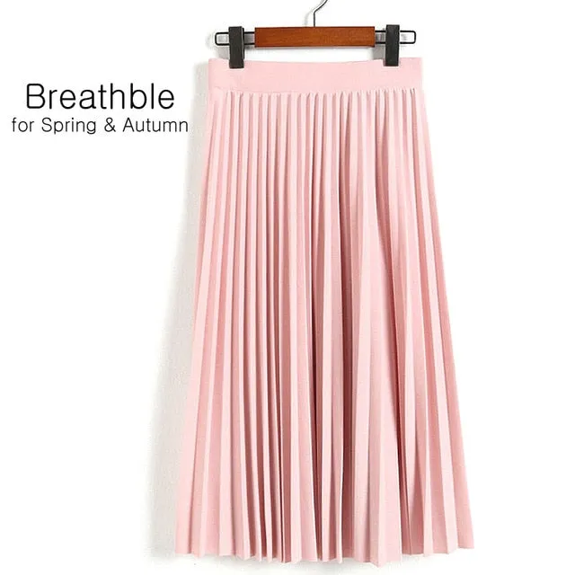 Spring Autumn Fashion Women's High Waist Pleated Solid Color Half Length Elastic Skirt