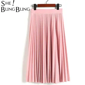 Spring Autumn Fashion Women's High Waist Pleated Solid Color Half Length Elastic Skirt