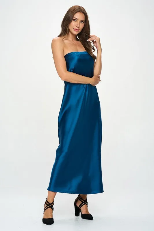 Strapless Dress New Women's Sleeveless Blue Silky Satin Tube Draped Dress Made in the USA KESLEY