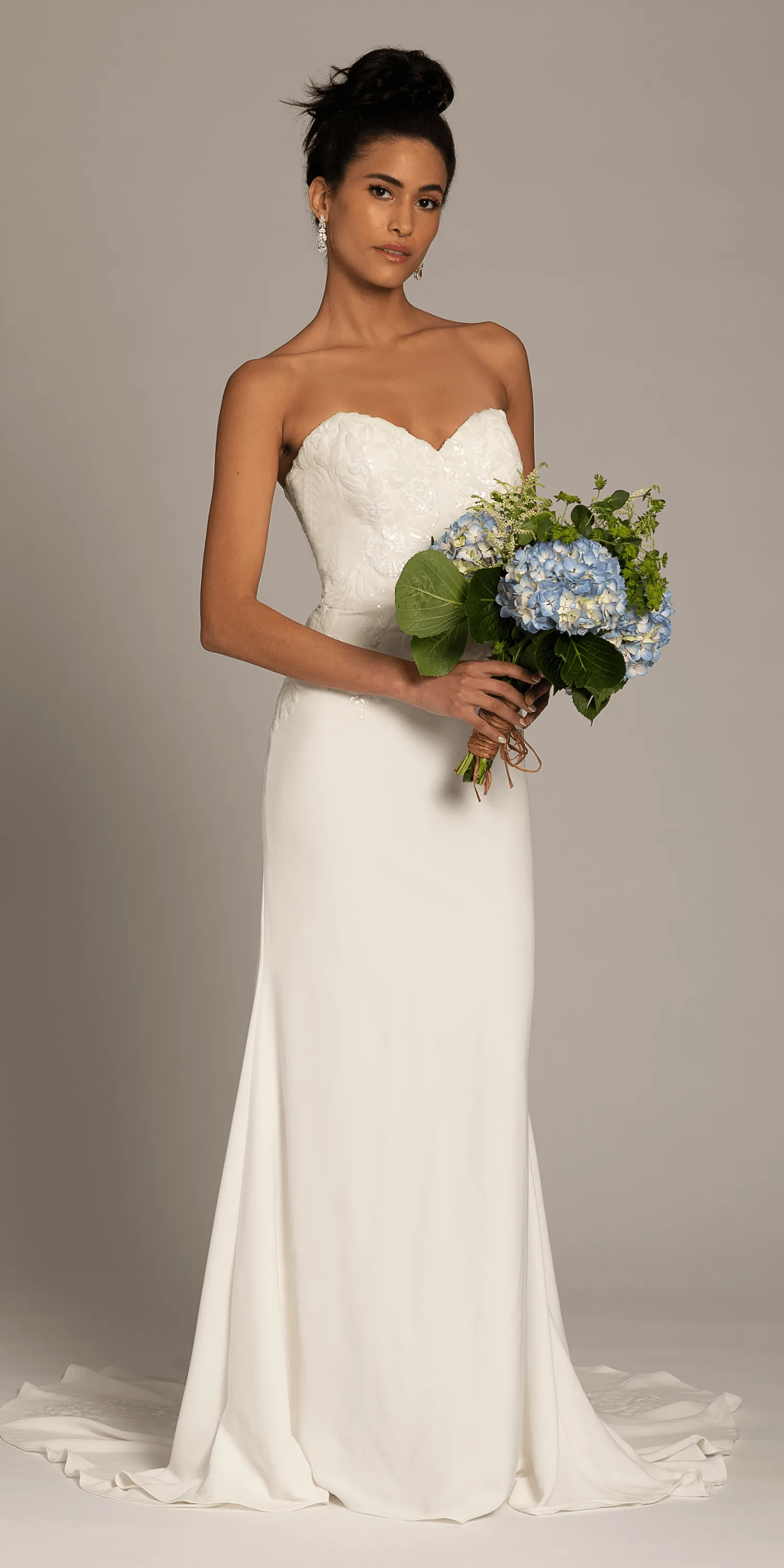 Sweetheart Crepe Trumpet Dress with Sequin Cascade Train