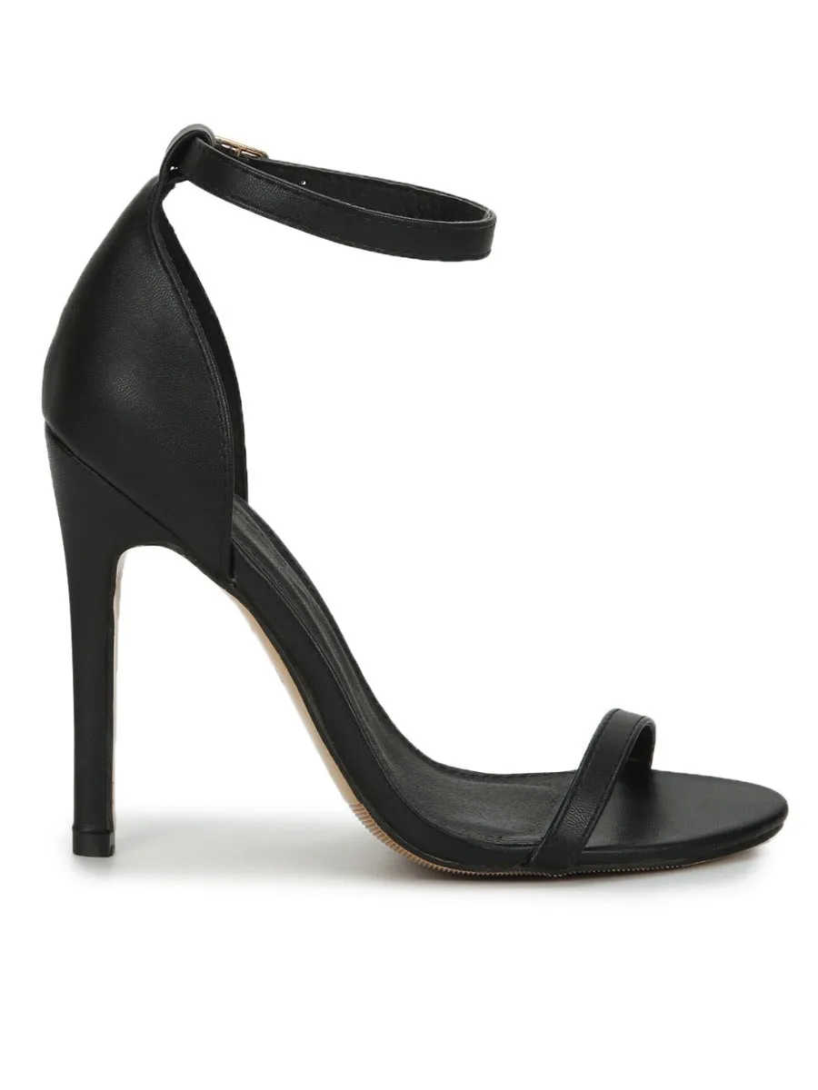 Total Black PU Stiletto Barely There Sandals