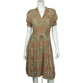 Vintage 1940s Day Dress Paisley Print Silk Crepe Size M