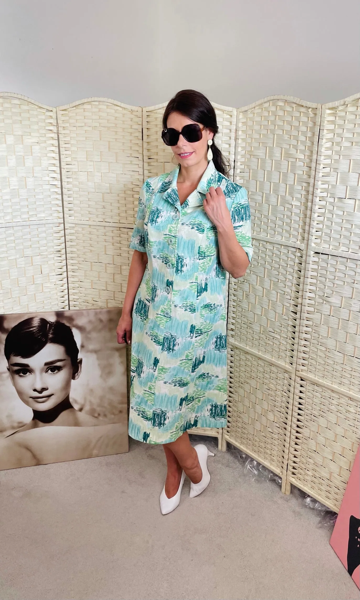 Vintage 1970's Green Patterned Shirt Dress