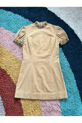 Vintage 70s Corduroy Embroidered Trim Dress