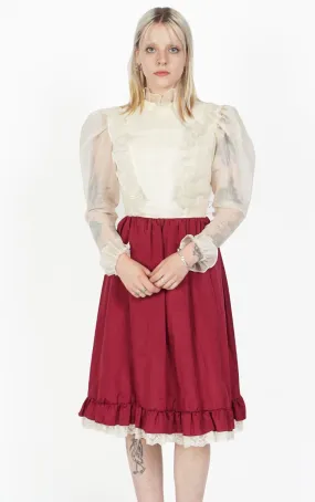 VINTAGE Victorian Burgundy Sheer Puff Sleeve Ruffle Mock Neck Dress