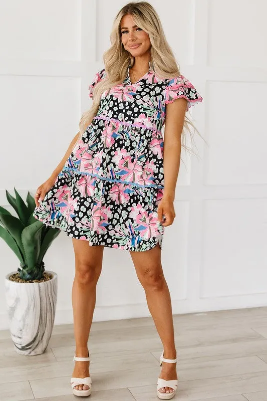 Women Floral Ricrac Embellished Tiered Mini Dress