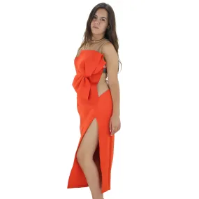 Women's Bow Front Mesh Side Midi Dress,Orange