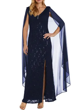 Women's Embellished Lace Cape Gown,Navy