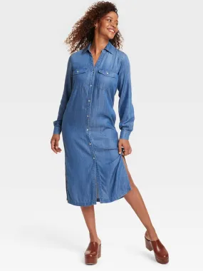 Women's Plain Denim Shirt Dress,Blue