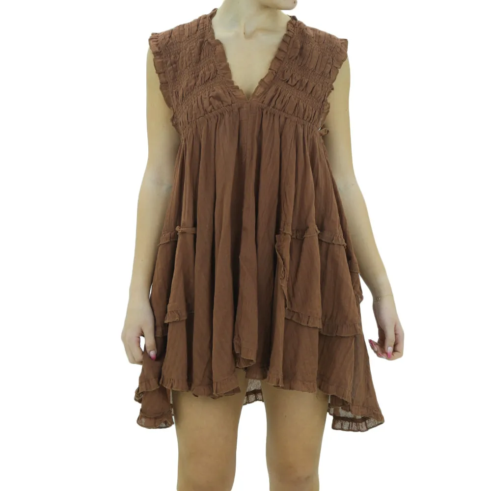 Women's Ruffle Casual Short Dress,Brown