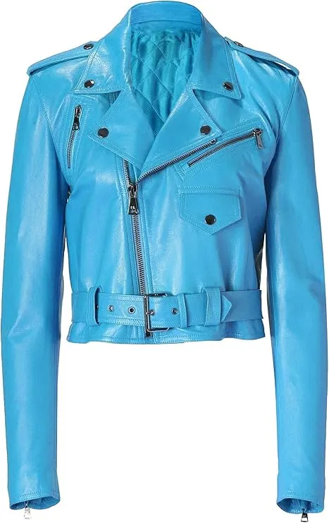 Women's Slim Fit Cropped Leather Biker Jacket WJ066