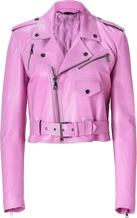 Women's Slim Fit Cropped Leather Biker Jacket WJ066