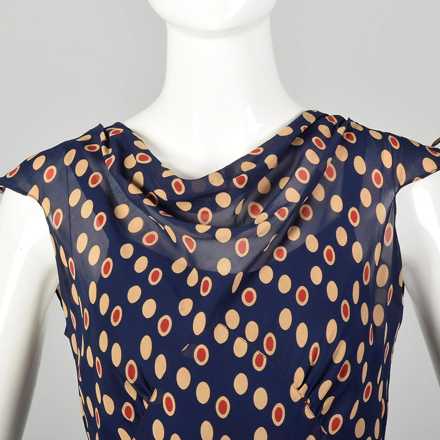 XXS 1930s Navy Blue Bias Cut Dress Sleeveless Polka Dot Print