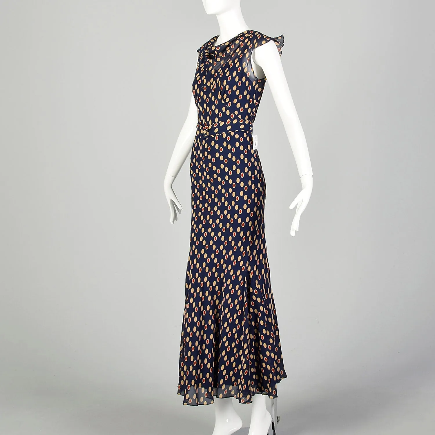 XXS 1930s Navy Blue Bias Cut Dress Sleeveless Polka Dot Print