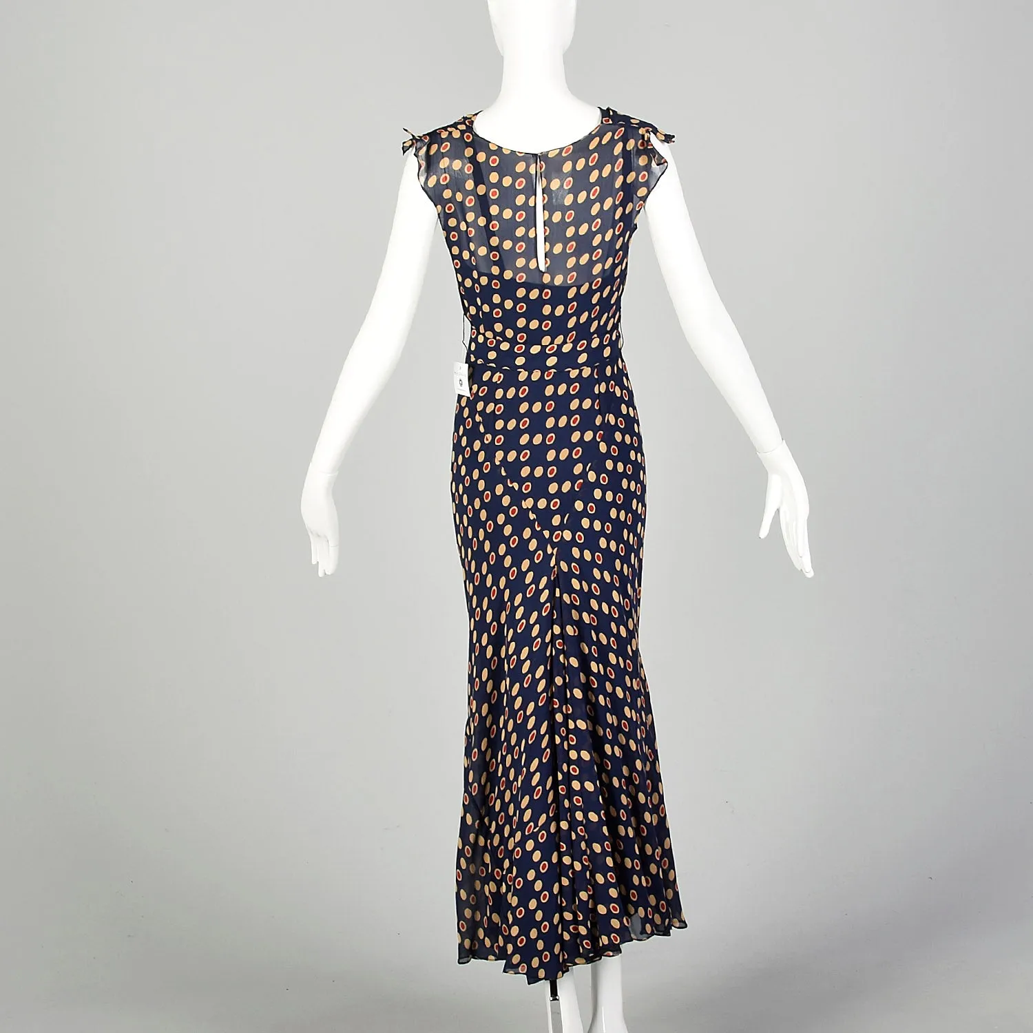 XXS 1930s Navy Blue Bias Cut Dress Sleeveless Polka Dot Print