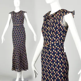 XXS 1930s Navy Blue Bias Cut Dress Sleeveless Polka Dot Print